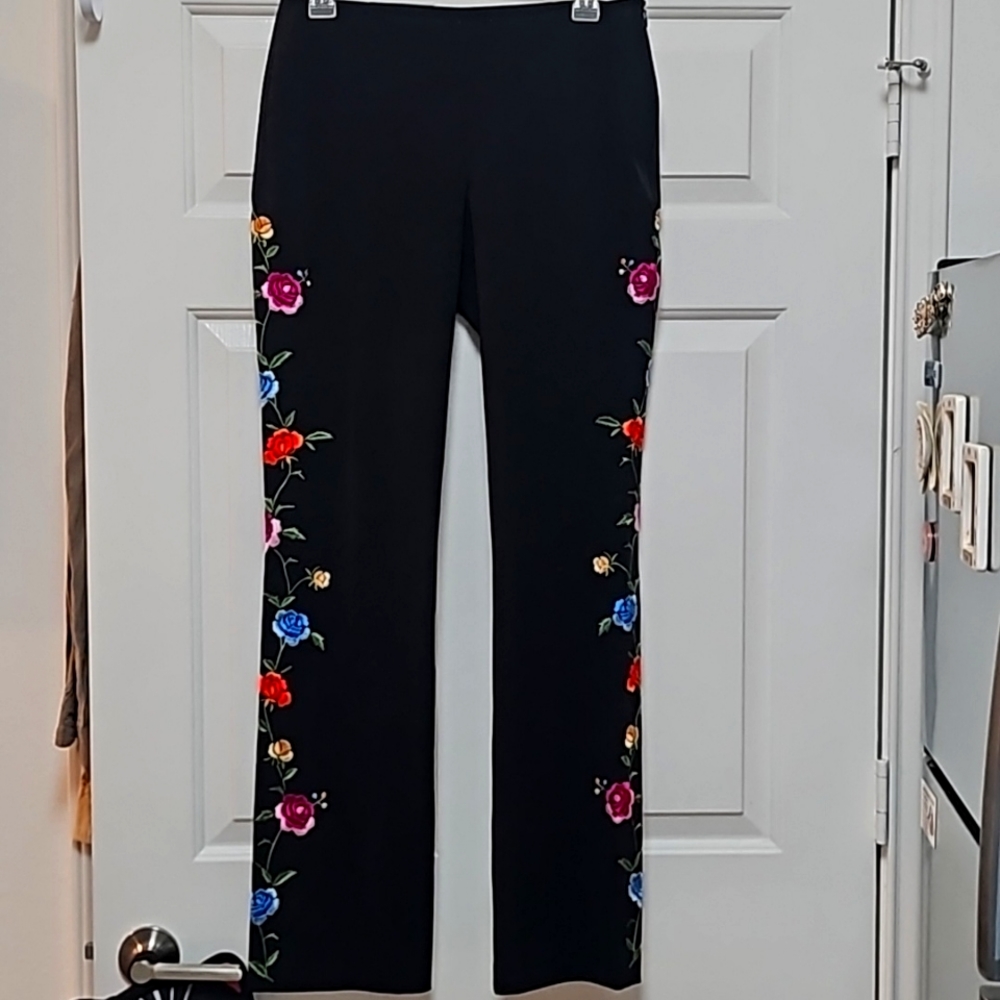 Moda International Black Floral Embroidered Wide-Leg Pants